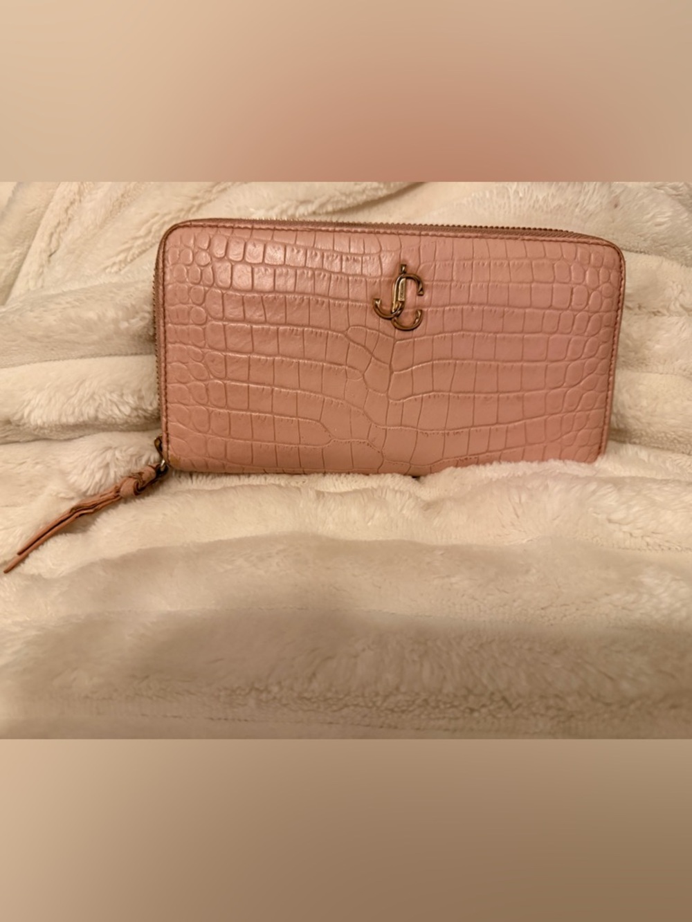 Authentic Jimmy Choo Pink Croc-Embossed Zip Around Wallet with Gold Logo